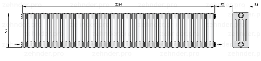 Схема (чертеж) Радиатор Zehnder Charleston 5050/44 №2670 Белый глянцевый RAL 9016